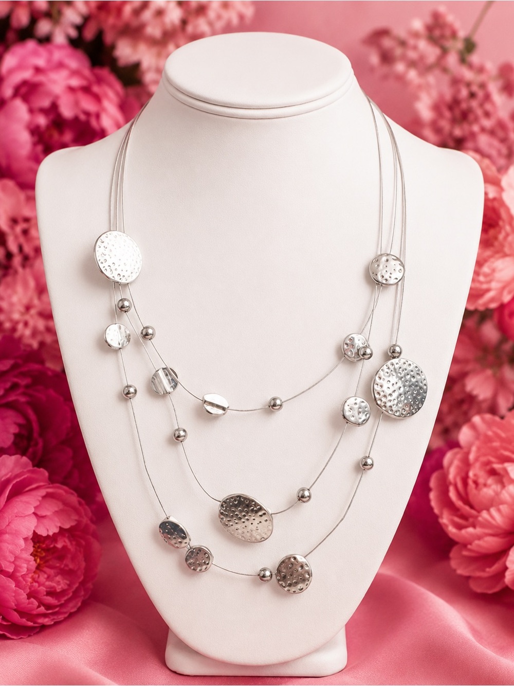 Sterling-Effect Multi-Strand Disc Necklace in Silver